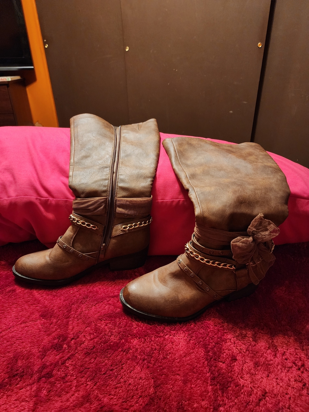 Brown Women's Mid-Calf Fashion Boots with Chain and Bow Detail